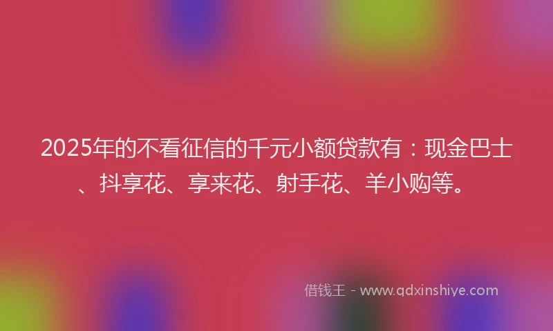 2025年的不看征信的千元小额贷款有：现金巴士、抖享花、享来花、射手花、羊小购等。