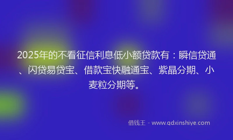 2025年的不看征信利息低小额贷款有：瞬信贷通、闪贷易贷宝、借款宝快融通宝、紫晶分期、小麦粒分期等。