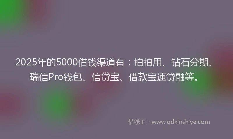 2025年的5000借钱渠道有：拍拍用、钻石分期、瑞信Pro钱包、信贷宝、借款宝速贷融等。