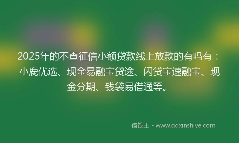 2025年的不查征信小额贷款线上放款的有吗有：小鹿优选、现金易融宝贷途、闪贷宝速融宝、现金分期、钱袋易借通等。