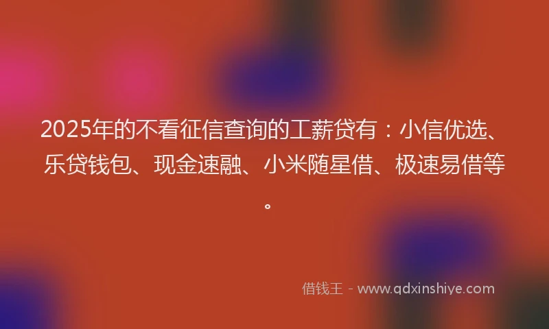 2025年的不看征信查询的工薪贷有：小信优选、乐贷钱包、现金速融、小米随星借、极速易借等。