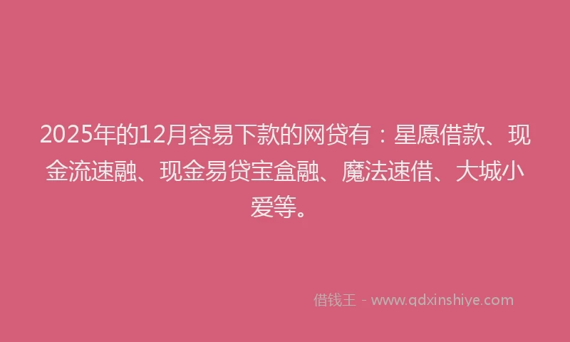 2025年的12月容易下款的网贷有：星愿借款、现金流速融、现金易贷宝盒融、魔法速借、大城小爱等。