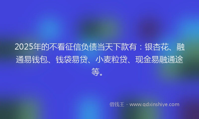 2025年的不看征信负债当天下款有：银杏花、融通易钱包、钱袋易贷、小麦粒贷、现金易融通途等。