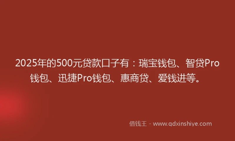 2025年的500元贷款口子有：瑞宝钱包、智贷Pro钱包、迅捷Pro钱包、惠商贷、爱钱进等。