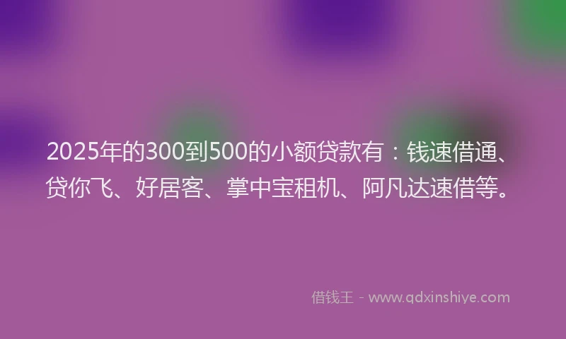 2025年的300到500的小额贷款有：钱速借通、贷你飞、好居客、掌中宝租机、阿凡达速借等。