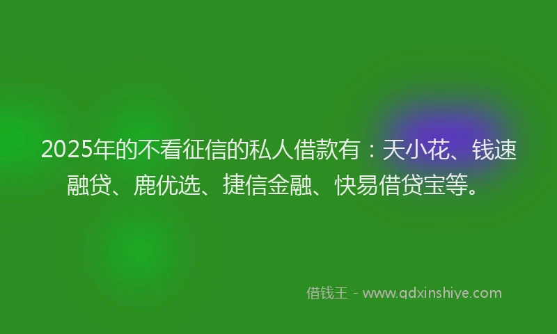 2025年的不看征信的私人借款有：天小花、钱速融贷、鹿优选、捷信金融、快易借贷宝等。