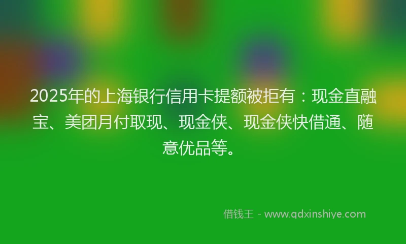 2025年的上海银行信用卡提额被拒有:现金直融宝、美团月付取现、现金侠、现金侠快借通、随意优品等。