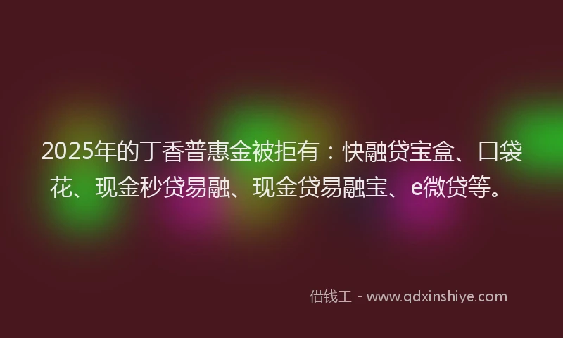 2025年的丁香普惠金被拒有：快融贷宝盒、口袋花、现金秒贷易融、现金贷易融宝、e微贷等。