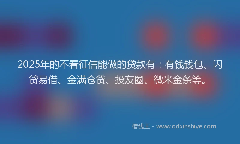 2025年的不看征信能做的贷款有：有钱钱包、闪贷易借、金满仓贷、投友圈、微米金条等。