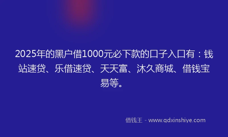 2025年的黑户借1000元必下款的口子入口有：钱站速贷、乐借速贷、天天富、沐久商城、借钱宝易等。