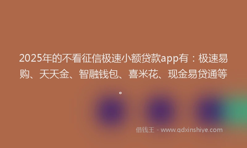2025年的不看征信极速小额贷款app有：极速易购、天天金、智融钱包、喜米花、现金易贷通等。