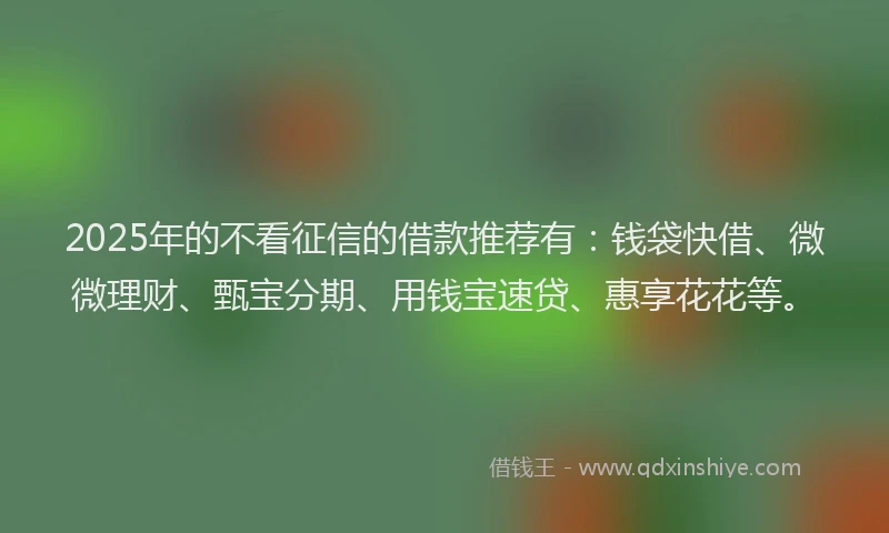 2025年的不看征信的借款推荐有：钱袋快借、微微理财、甄宝分期、用钱宝速贷、惠享花花等。