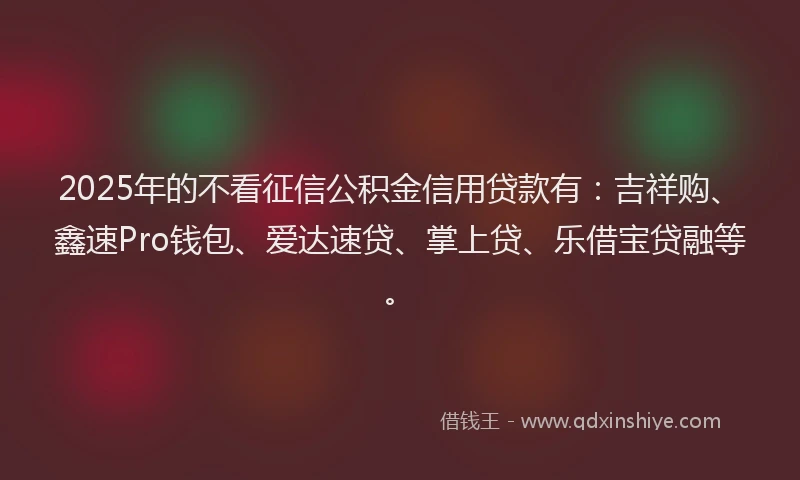 2025年的不看征信公积金信用贷款有：吉祥购、鑫速Pro钱包、爱达速贷、掌上贷、乐借宝贷融等。