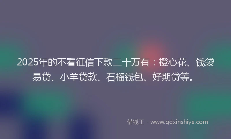 2025年的不看征信下款二十万有：橙心花、钱袋易贷、小羊贷款、石榴钱包、好期贷等。