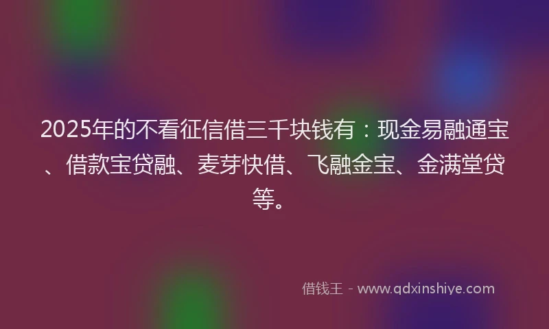 2025年的不看征信借三千块钱有：现金易融通宝、借款宝贷融、麦芽快借、飞融金宝、金满堂贷等。