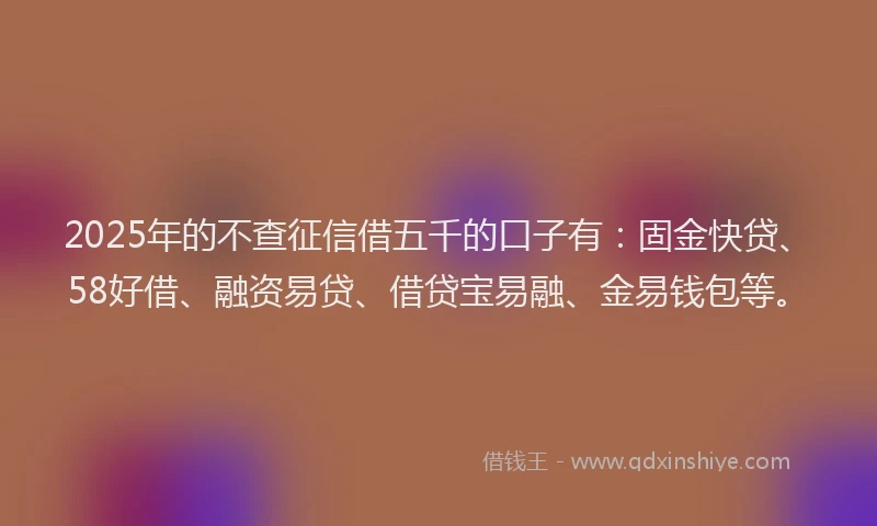 2025年的不查征信借五千的口子有：固金快贷、58好借、融资易贷、借贷宝易融、金易钱包等。