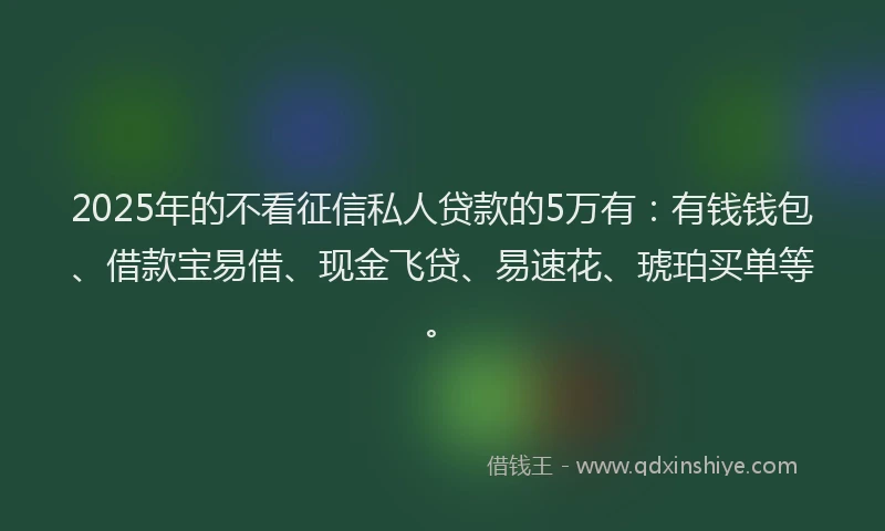 2025年的不看征信私人贷款的5万有：有钱钱包、借款宝易借、现金飞贷、易速花、琥珀买单等。