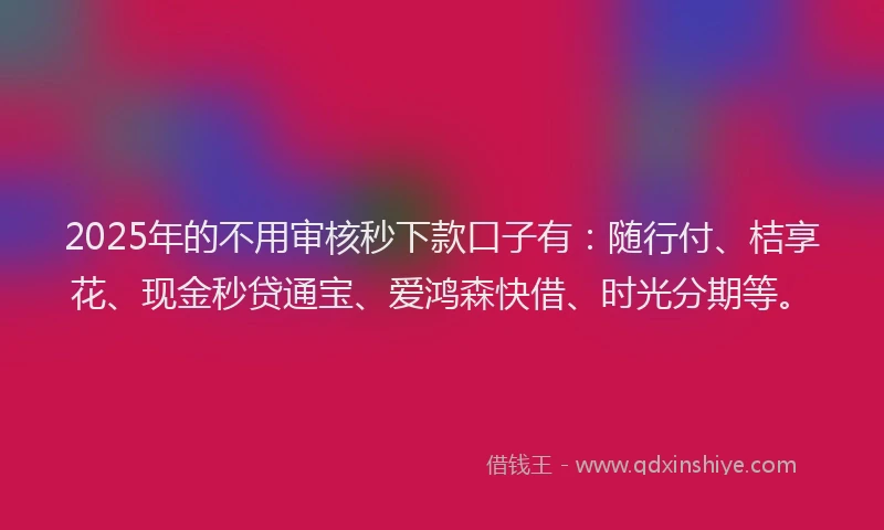 2025年的不用审核秒下款口子有：随行付、桔享花、现金秒贷通宝、爱鸿森快借、时光分期等。