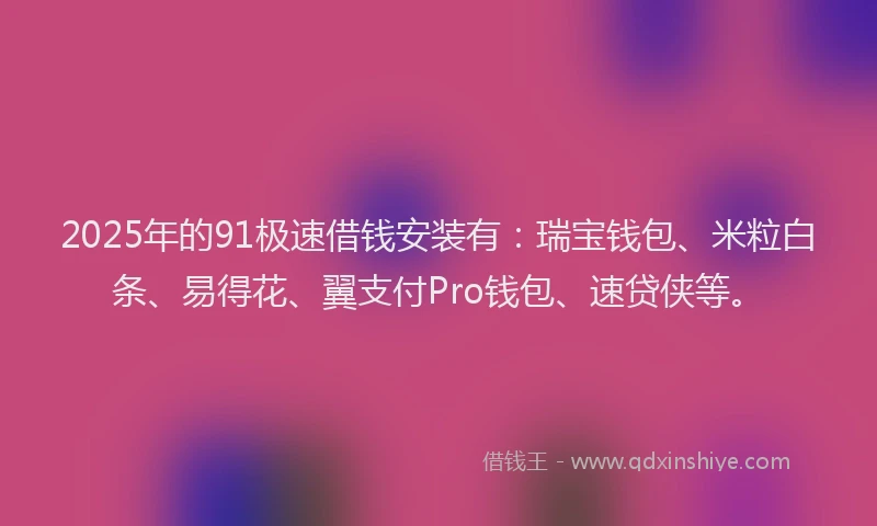 2025年的91极速借钱安装有：瑞宝钱包、米粒白条、易得花、翼支付Pro钱包、速贷侠等。