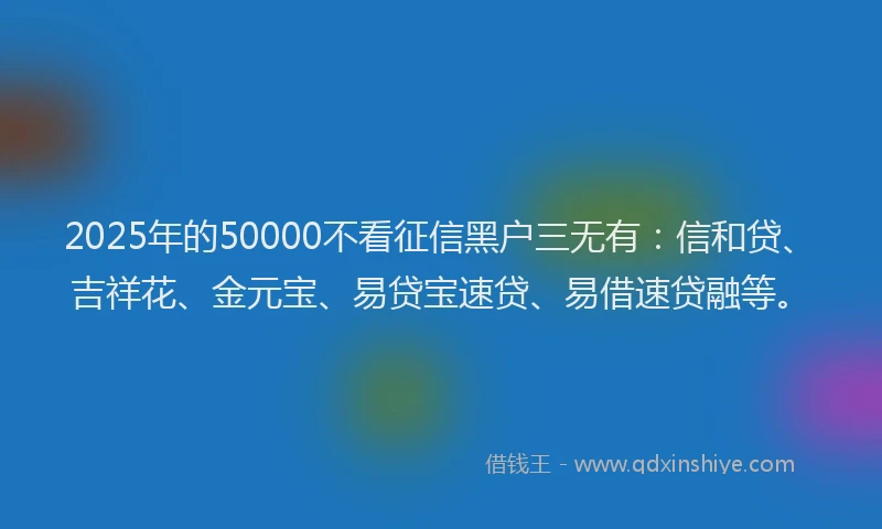 2025年的50000不看征信黑户三无有：信和贷、吉祥花、金元宝、易贷宝速贷、易借速贷融等。