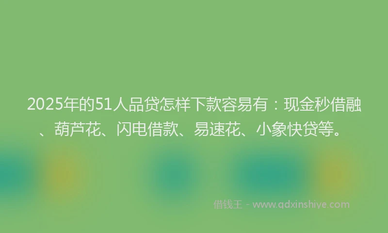 2025年的51人品贷怎样下款容易有：现金秒借融、葫芦花、闪电借款、易速花、小象快贷等。