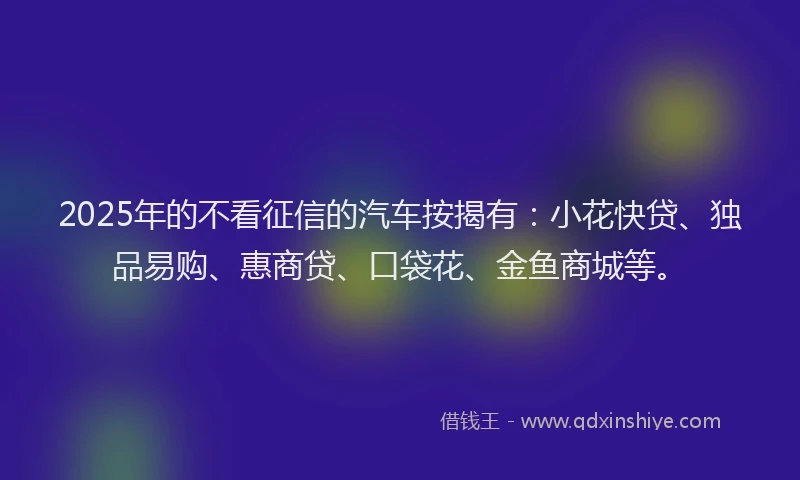 2025年的不看征信的汽车按揭有：小花快贷、独品易购、惠商贷、口袋花、金鱼商城等。
