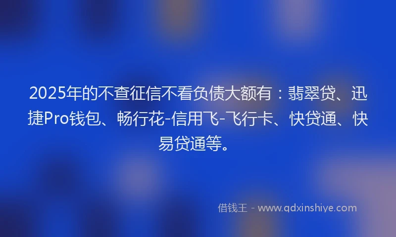 2025年的不查征信不看负债大额有:翡翠贷、迅捷Pro钱包、畅行花-信用飞-飞行卡、快贷通、快易贷通等。