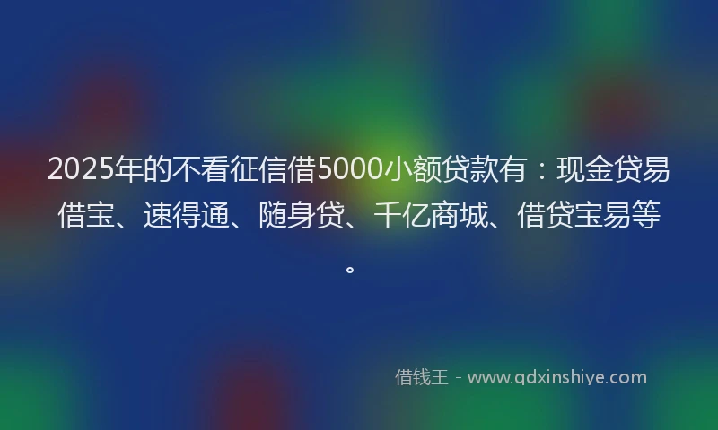 2025年的不看征信借5000小额贷款有：现金贷易借宝、速得通、随身贷、千亿商城、借贷宝易等。