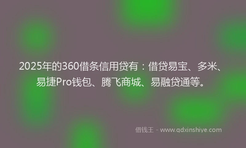 2025年的360借条信用贷有：借贷易宝、多米、易捷Pro钱包、腾飞商城、易融贷通等。
