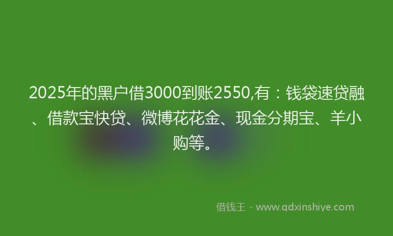 2025年的黑户借3000到账2550,有：钱袋速贷融、借款宝快贷、微博花花金、现金分期宝、羊小购等。