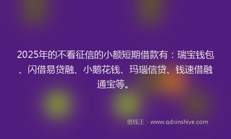 2025年的不看征信的小额短期借款有：瑞宝钱包、闪借易贷融、小鹅花钱、玛瑙信贷、钱速借融通宝等。
