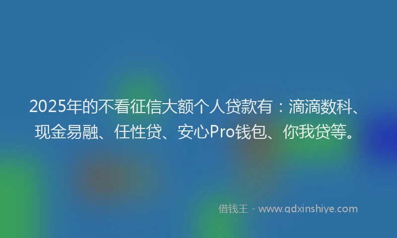 2025年的不看征信大额个人贷款有：滴滴数科、现金易融、任性贷、安心Pro钱包、你我贷等。