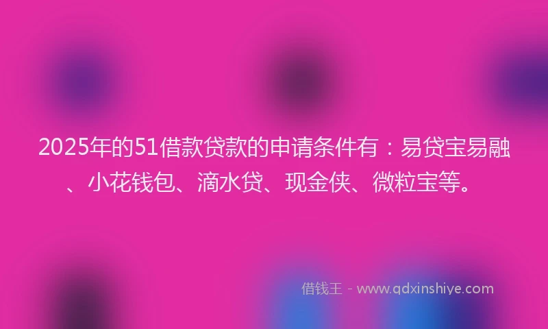 2025年的51借款贷款的申请条件有：易贷宝易融、小花钱包、滴水贷、现金侠、微粒宝等。