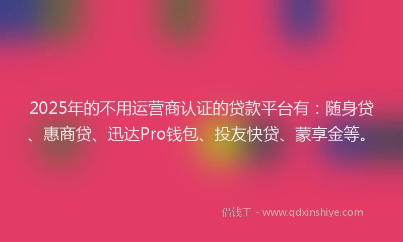 2025年的不用运营商认证的贷款平台有：随身贷、惠商贷、迅达Pro钱包、投友快贷、蒙享金等。