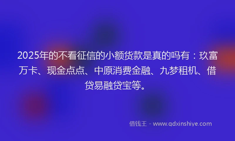 2025年的不看征信的小额货款是真的吗有：玖富万卡、现金点点、中原消费金融、九梦租机、借贷易融贷宝等。