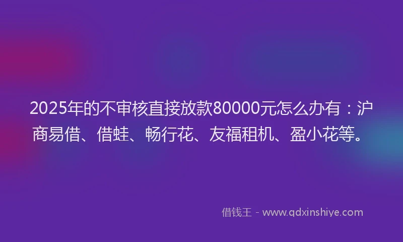 2025年的不审核直接放款80000元怎么办有：沪商易借、借蛙、畅行花、友福租机、盈小花等。