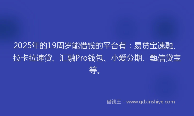 2025年的19周岁能借钱的平台有：易贷宝速融、拉卡拉速贷、汇融Pro钱包、小爱分期、甄信贷宝等。