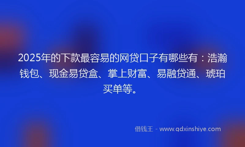 2025年的下款最容易的网贷口子有哪些有：浩瀚钱包、现金易贷盒、掌上财富、易融贷通、琥珀买单等。