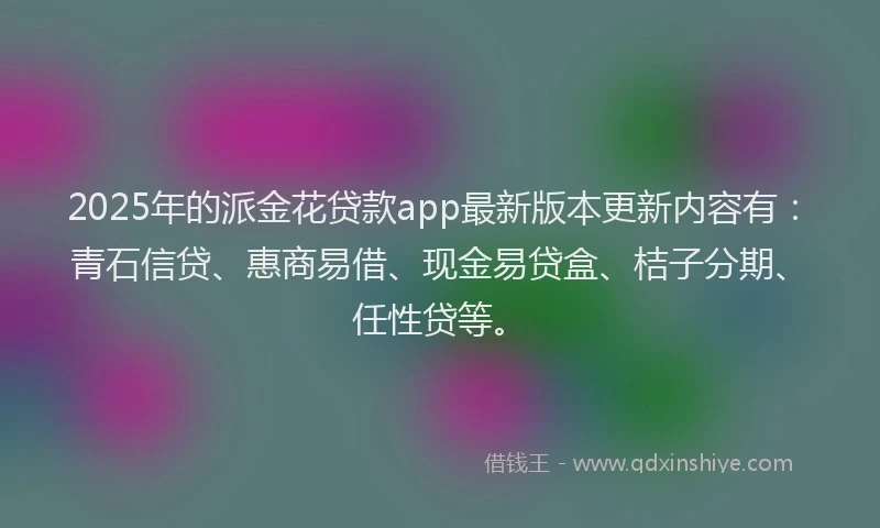 2025年的派金花贷款app最新版本更新内容有：青石信贷、惠商易借、现金易贷盒、桔子分期、任性贷等。