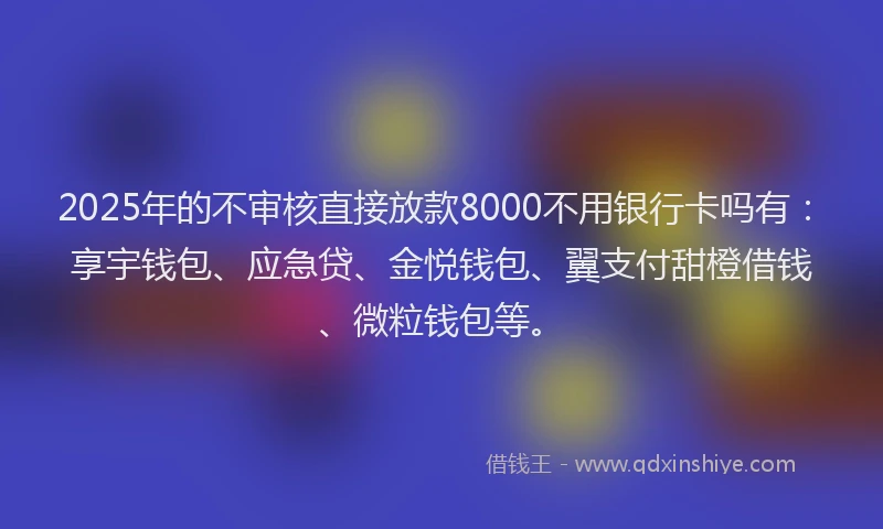 2025年的不审核直接放款8000不用银行卡吗有：享宇钱包、应急贷、金悦钱包、翼支付甜橙借钱、微粒钱包等。
