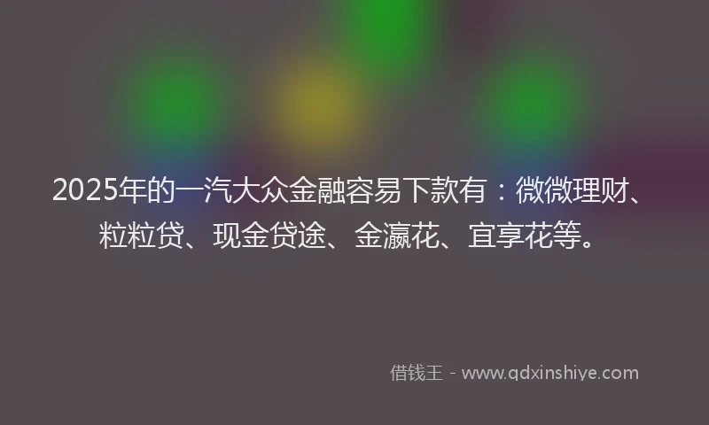 2025年的一汽大众金融容易下款有：微微理财、粒粒贷、现金贷途、金瀛花、宜享花等。