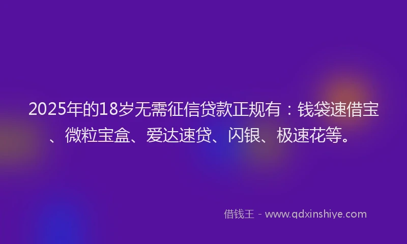 2025年的18岁无需征信贷款正规有：钱袋速借宝、微粒宝盒、爱达速贷、闪银、极速花等。