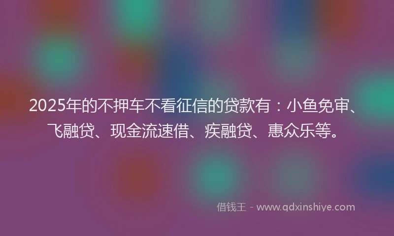 2025年的不押车不看征信的贷款有：小鱼免审、飞融贷、现金流速借、疾融贷、惠众乐等。