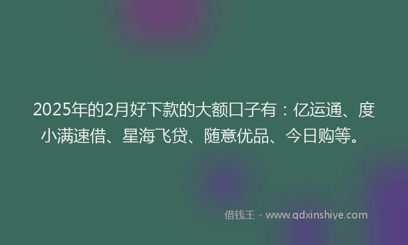 2025年的2月好下款的大额口子有：亿运通、度小满速借、星海飞贷、随意优品、今日购等。