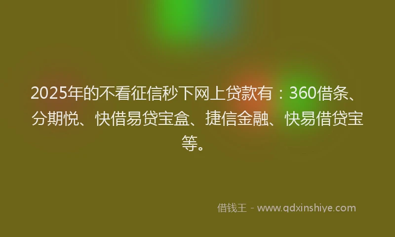 2025年的不看征信秒下网上贷款有：360借条、分期悦、快借易贷宝盒、捷信金融、快易借贷宝等。