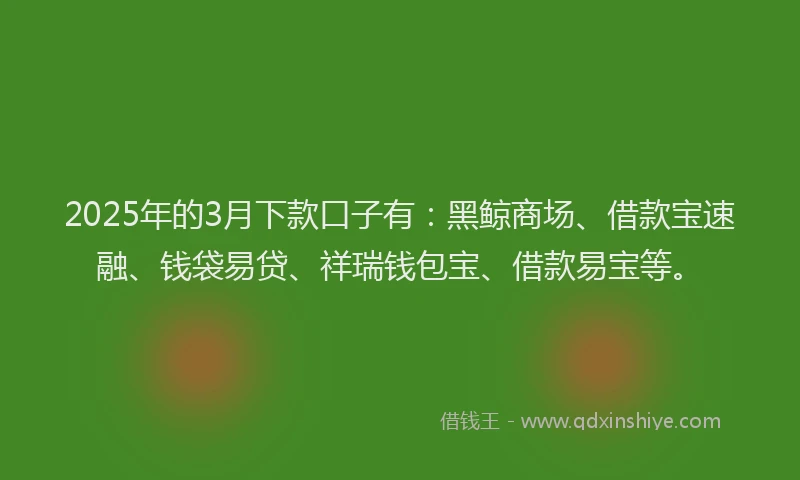 2025年的3月下款口子有：黑鲸商场、借款宝速融、钱袋易贷、祥瑞钱包宝、借款易宝等。