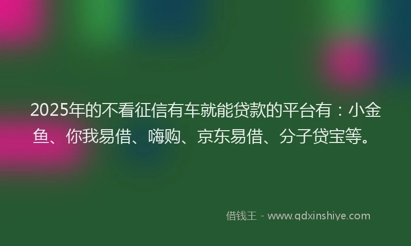 2025年的不看征信有车就能贷款的平台有：小金鱼、你我易借、嗨购、京东易借、分子贷宝等。