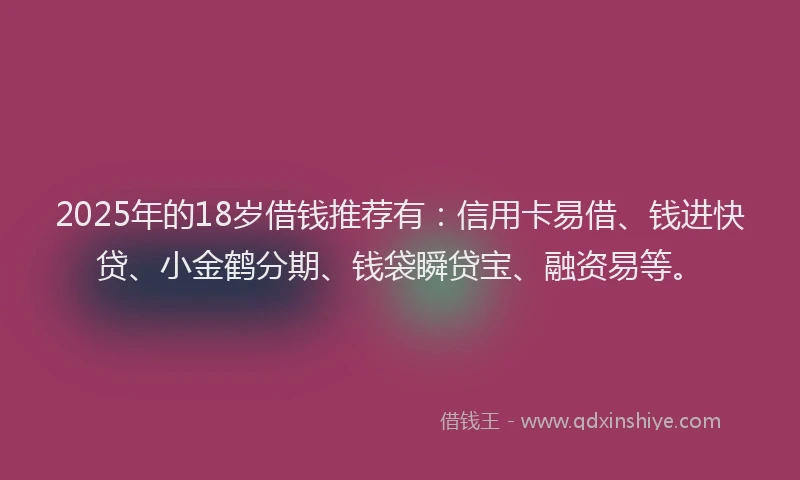 2025年的18岁借钱推荐有：信用卡易借、钱进快贷、小金鹤分期、钱袋瞬贷宝、融资易等。