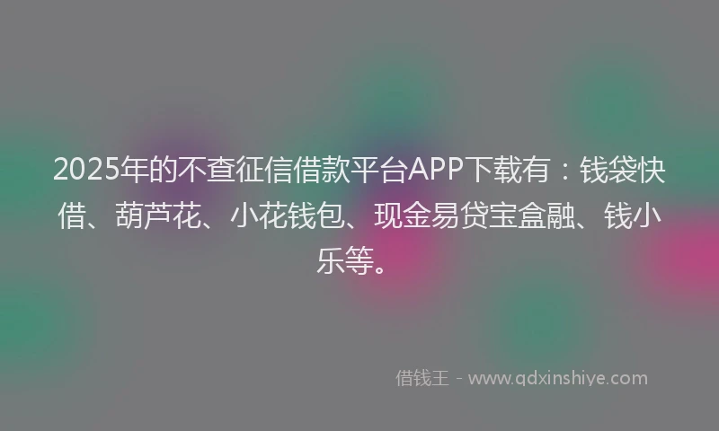 2025年的不查征信借款平台APP下载有：钱袋快借、葫芦花、小花钱包、现金易贷宝盒融、钱小乐等。