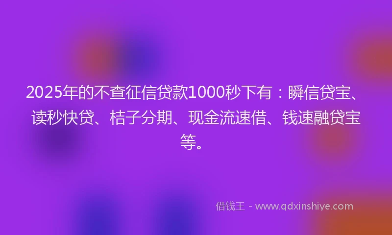 2025年的不查征信贷款1000秒下有：瞬信贷宝、读秒快贷、桔子分期、现金流速借、钱速融贷宝等。